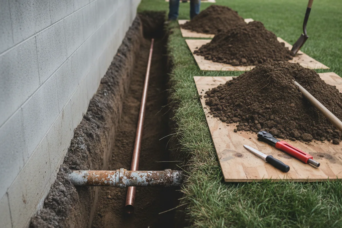 Excavated water line trench during Water Softener Installation in Summit
